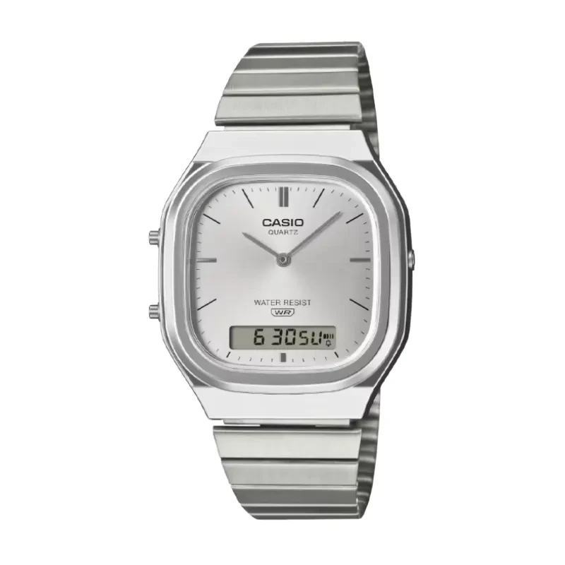 Casio Vintage Silver-tone Duel Time Men's Watch- AQ-240E-7A